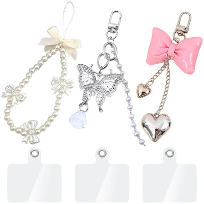 Atarvana 3pcs Cute Phone Charms with 3pcs Universal Phone Lanyard Tab Pink Bowtie Phone Charm Strap Butterfly Pearl Beaded Aesthetic Phone Chain for Phone Keychain Airpods Bag Pendants Decor Elloria 🩷