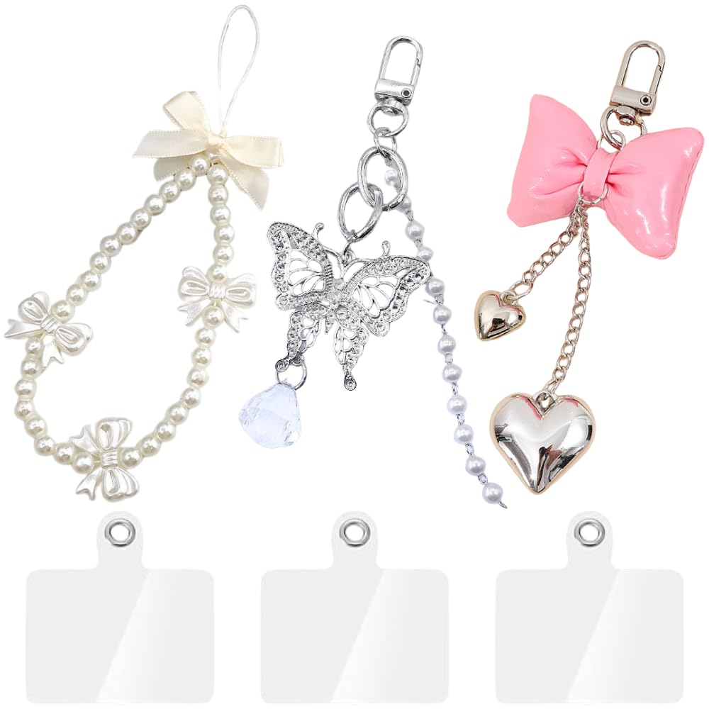 Atarvana 3pcs Cute Phone Charms with 3pcs Universal Phone Lanyard Tab Pink Bowtie Phone Charm Strap Butterfly Pearl Beaded Aesthetic Phone Chain for Phone Keychain Airpods Bag Pendants Decor Elloria 🩷