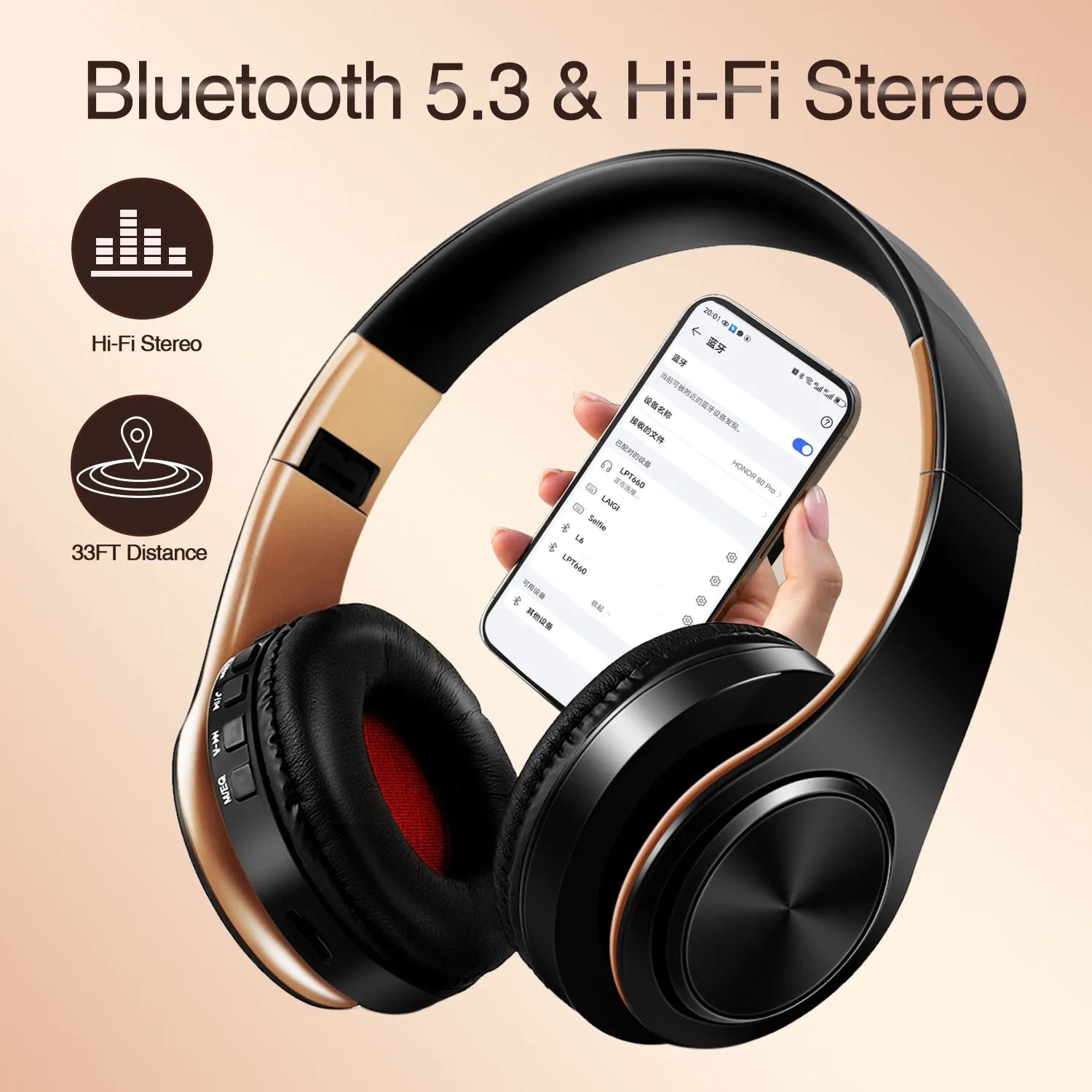 Wireless Bluetooth Headphones Gold CAN