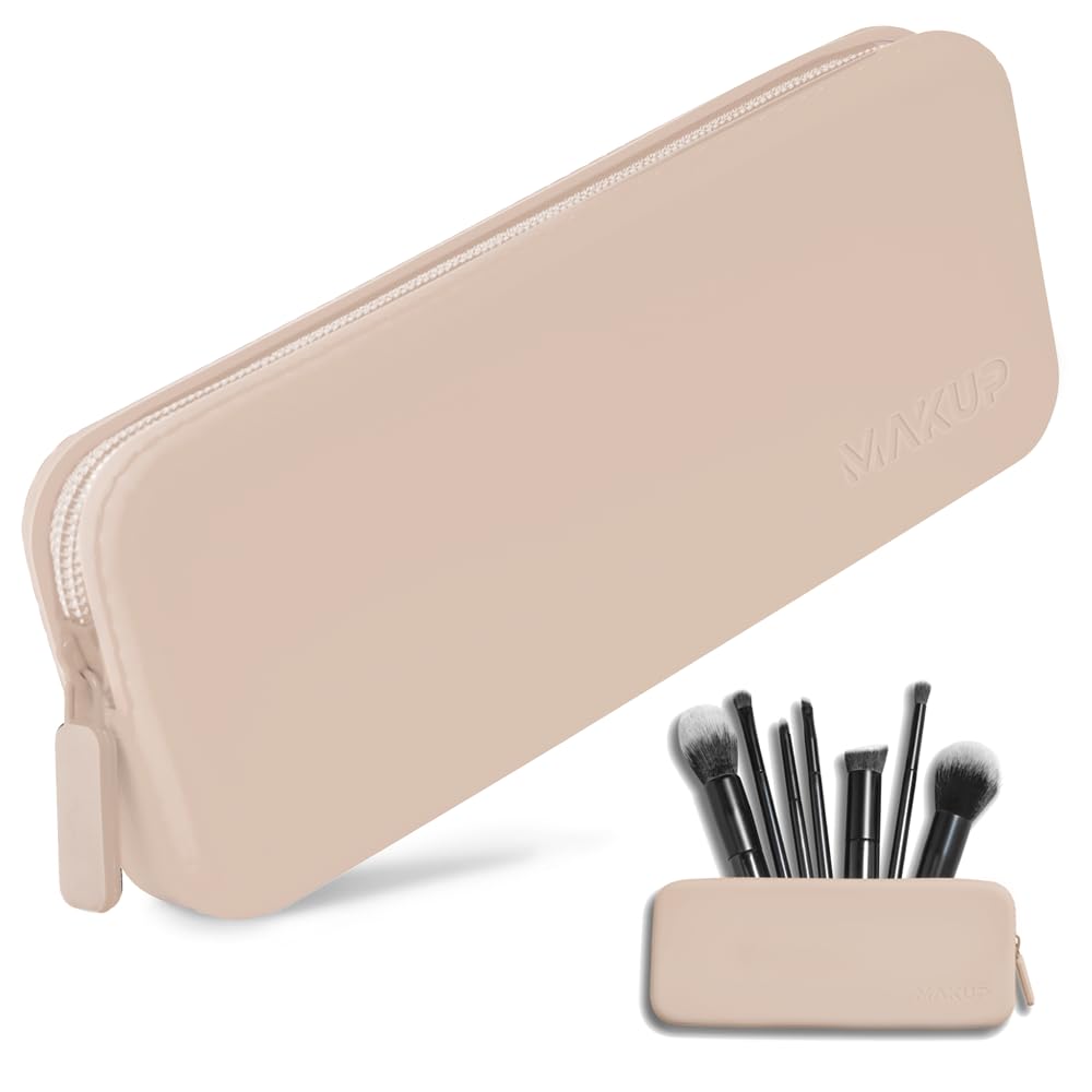MAKUP Silicone Makeup Bag Makeup Brush Holder with Zipper for Organizing Cosmetics Makeup Brushes Tools and Pencils Washable Makeup Brush Holder Pouch for Travel (Nudist) Elloria 🩷