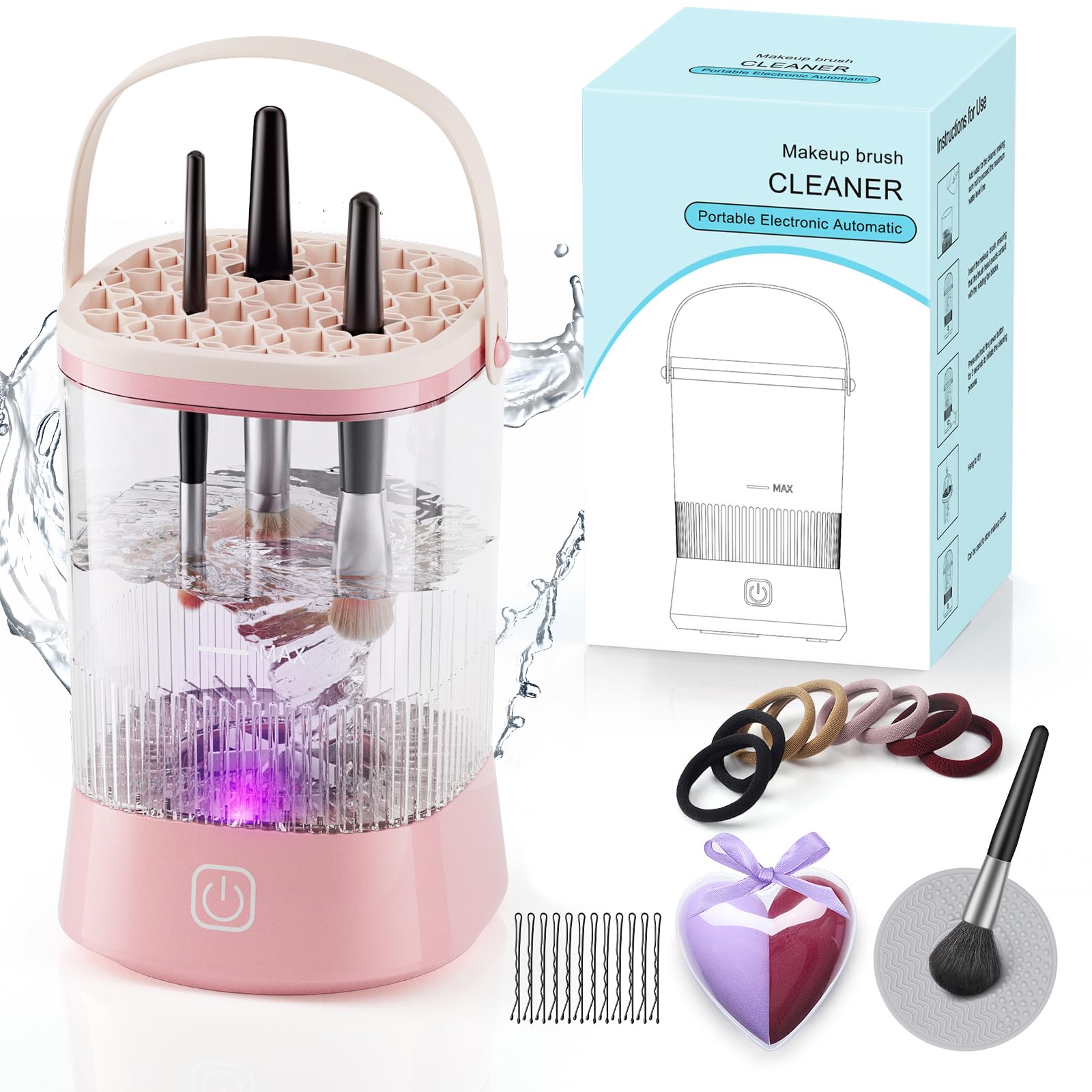 Electric Makeup Brush Cleaner - 9000 RPM Makeup Brush Cleaning Machine IP65 Waterproof Automatic Makeup Brush Cleaner for Makeup Sponges and Brushes(Pink) Elloria 🩷