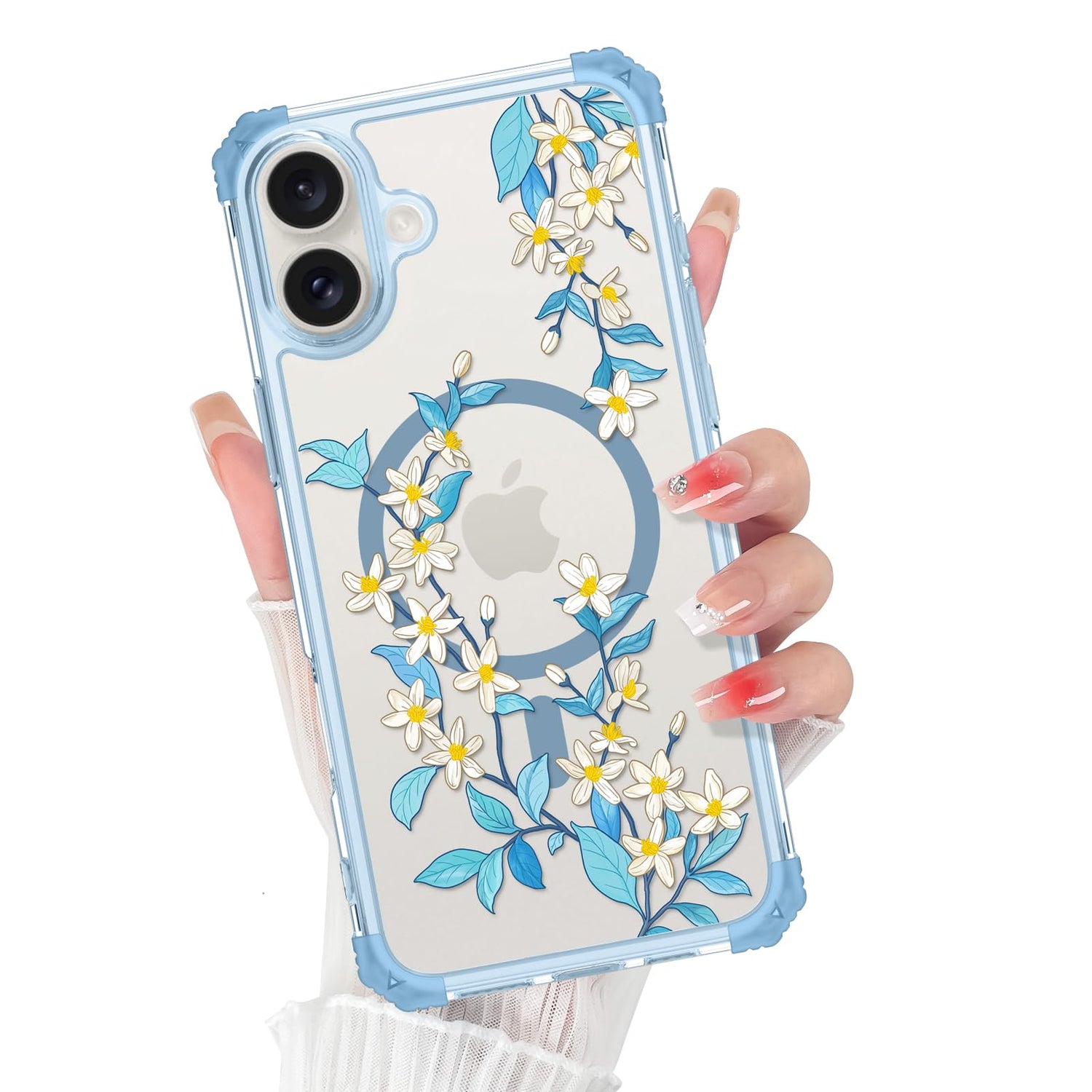PIGLULOO Phone case Compatible with iPhone 16 Plus Case Four-Corner Shockproof Magnetic Phone Case Clear Blue Flowers Phone Case Elloria 🩷