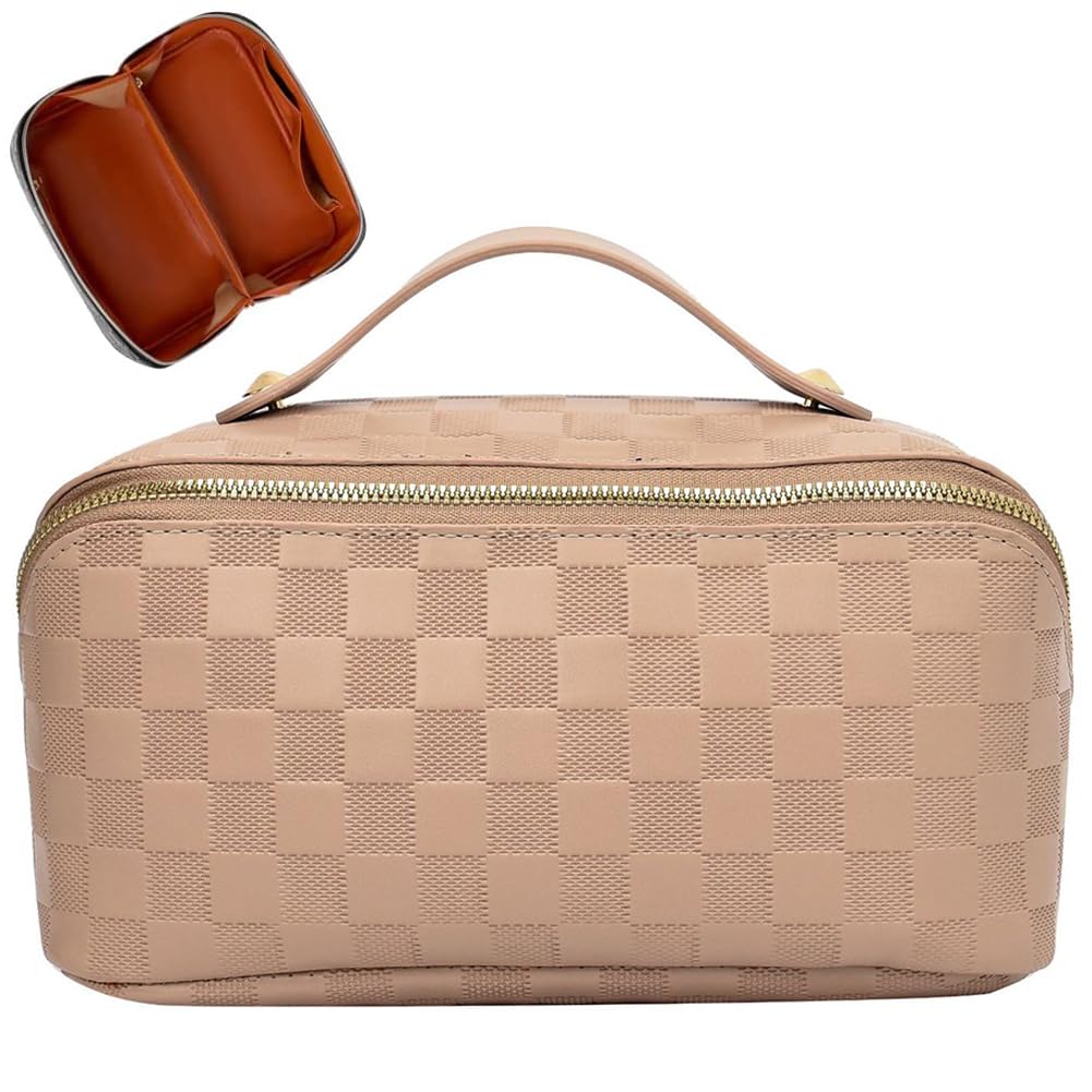Cessfle Travel Makeup Bag Checkered Makeup Bag Large Capacity Cosmetic Bag Parallel Makeup Bag Large Makeup Bags for Women with Handle and Divider Elloria 🩷